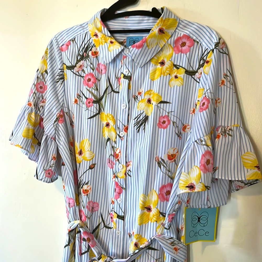 Button-up floral dress, flutter sleeves, tie-waist, collar, NWT, CeCe size 8